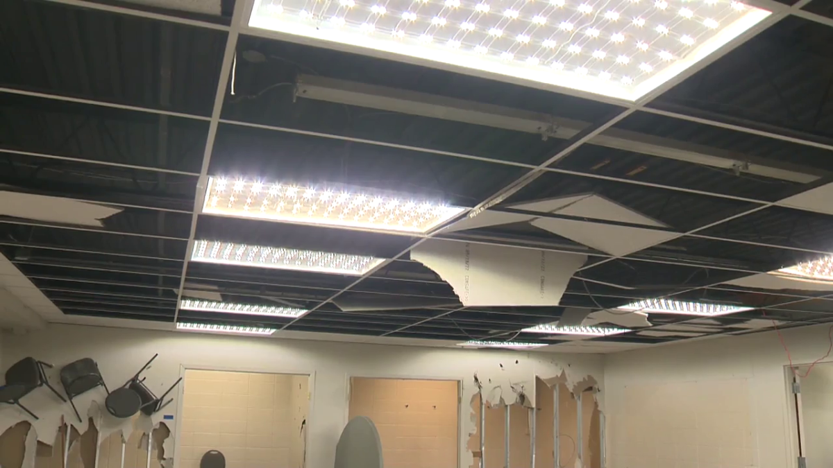 Ceiling tiles ripped out at the Riverbend Community League's Brookside Hall (5320 - 143 St.) on Jan. 1. 2023.