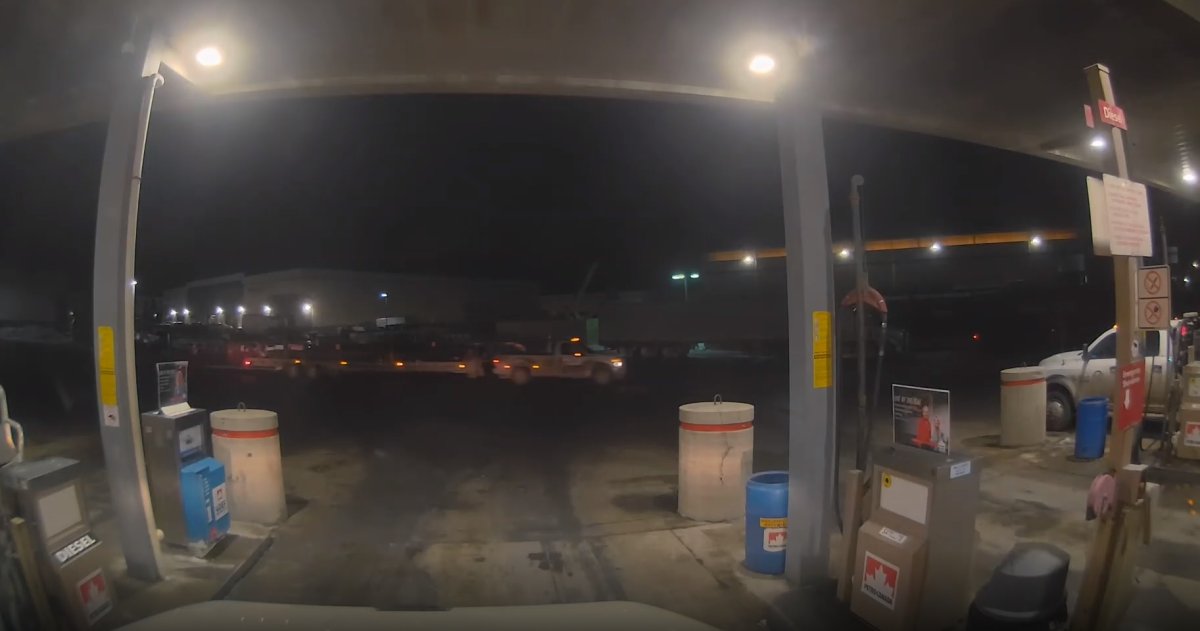 Truck seen in this CCTV video was driving by the Petro Canada Gas Station located at 5333 61 Ave S.E., shortly after the hit-and-run on Jan. 19, 2023.