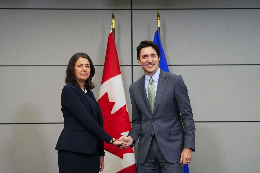 Prime Minister Justin Trudeau meets with Alberta Premier Danielle Smith in Ottawa on Tuesday, Feb. 7, 2023 in Ottawa.