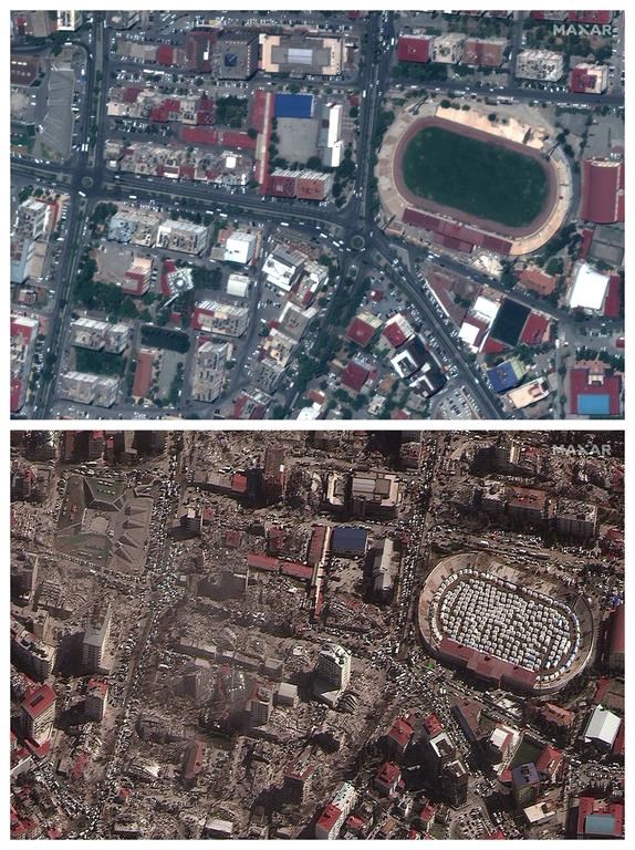 This combination of July 26, 2022 and Feb. 8, 2023 satellite images provided by Maxar Technologies shows buildings and a stadium in downtown Kahramanmaras, Turkey before and after a powerful earthquake struck the region on Monday, Feb. 6, 2023.
