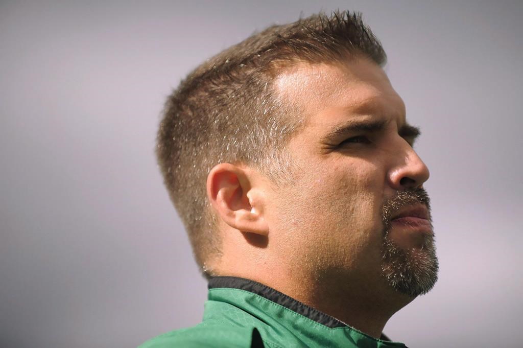 Saskatchewan Roughriders general manager Jeremy O'Day looks on during the CFL's Labour Day Classic against the Winnipeg Blue Bombers in Regina, Sask., on Sunday, September 6, 2015. THE CANADIAN PRESS/Mark Taylor.