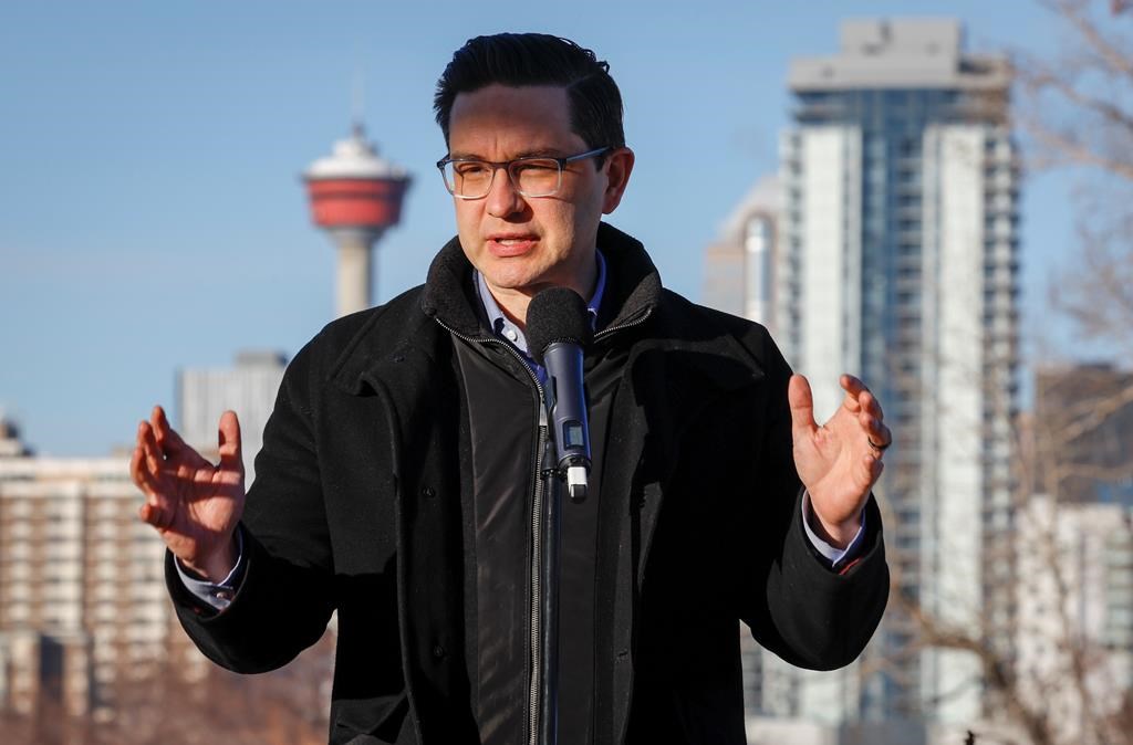 Conservative Leader Pierre Poilievre speaks at a news conference in Calgary, Alta., Wednesday, Feb. 15, 2023.