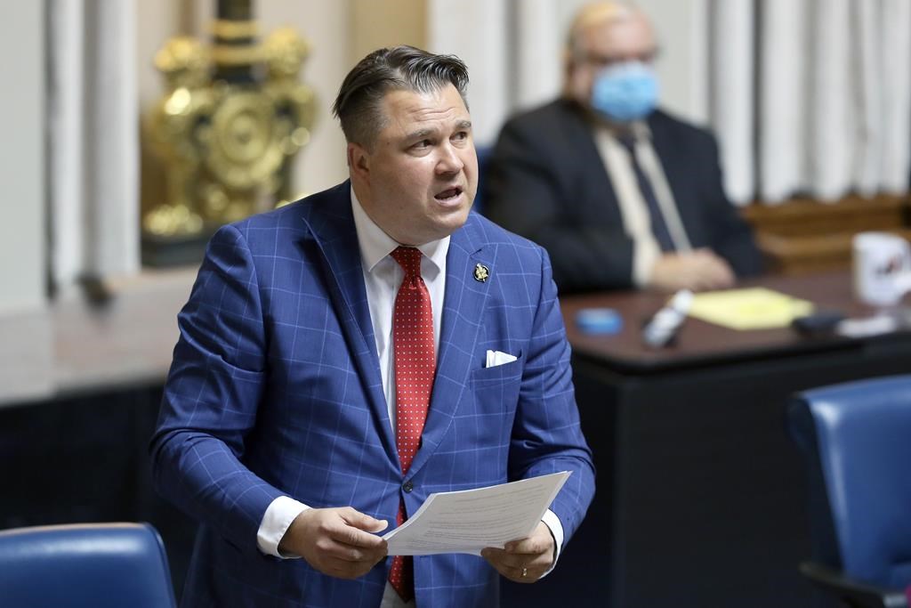 Manitoba NDP finance critic Mark Wasyliw speaks during question period in the legislature on Wednesday, April 7, 2021. He is asking the provincial ombudsman to investigate partisan comments by a member of the Progressive Conservatives at a public hearing on the upcoming budget.