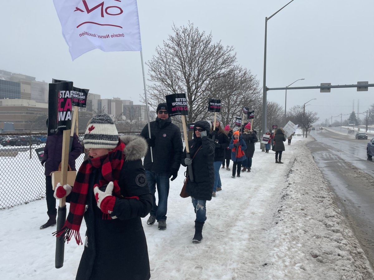 ONA members stage an information picket outside of LHSC in London, Ont. on Feb. 23, 2023. Similar pickets were slated to be held at hospitals across the province, including outside of PC Party MPP constituency offices.