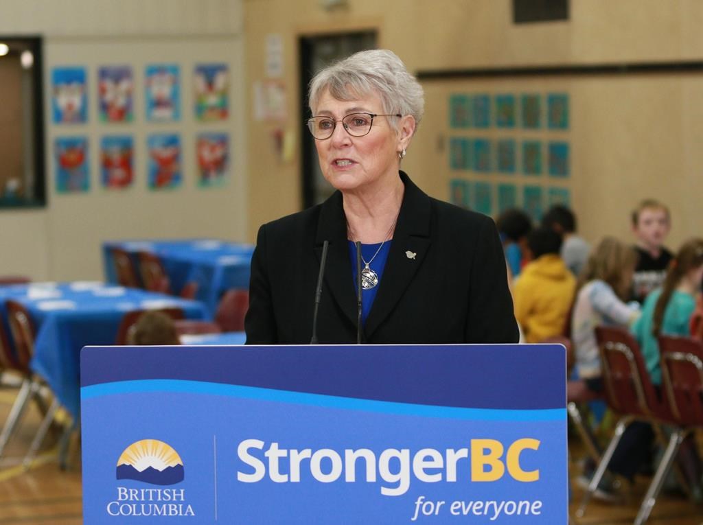 B.C. Finance Minister Katrine Conroy speaks during a news conference as students enjoy a hot lunch at Ruth King Elementary in Langford, B.C., Monday, Feb. 27, 2023. THE CANADIAN PRESS/Chad Hipolito.