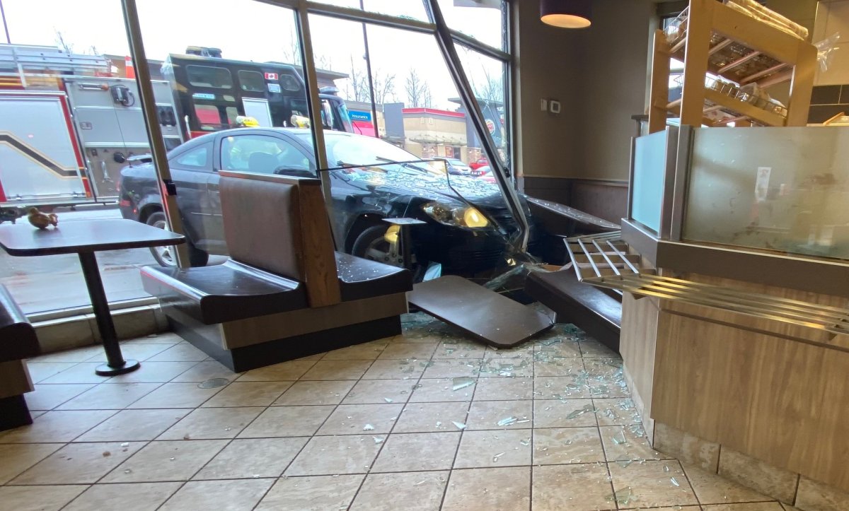 Mission RCMP are investigating after a car crashed through the front window of a Tim Hortons Drive Thru.