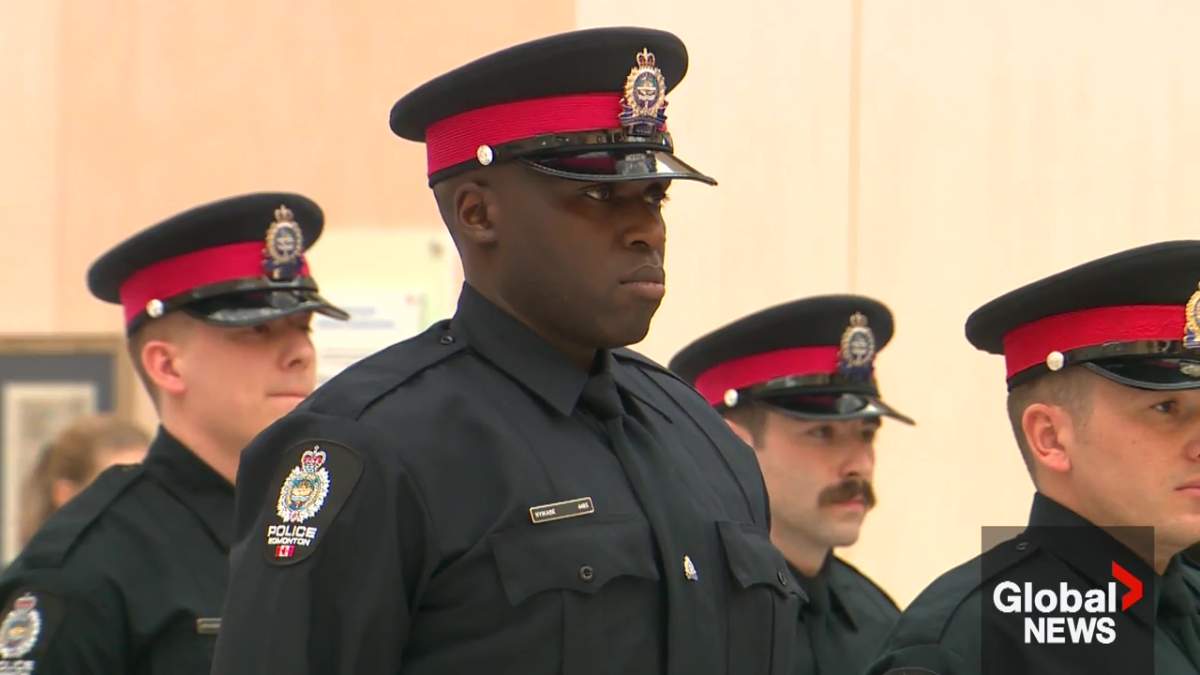 Edmonton Police Service Const. Ronald Nyikabe at his gratuation ceremony at Edmonton city hall on Friday, Feb. 10, 2023.