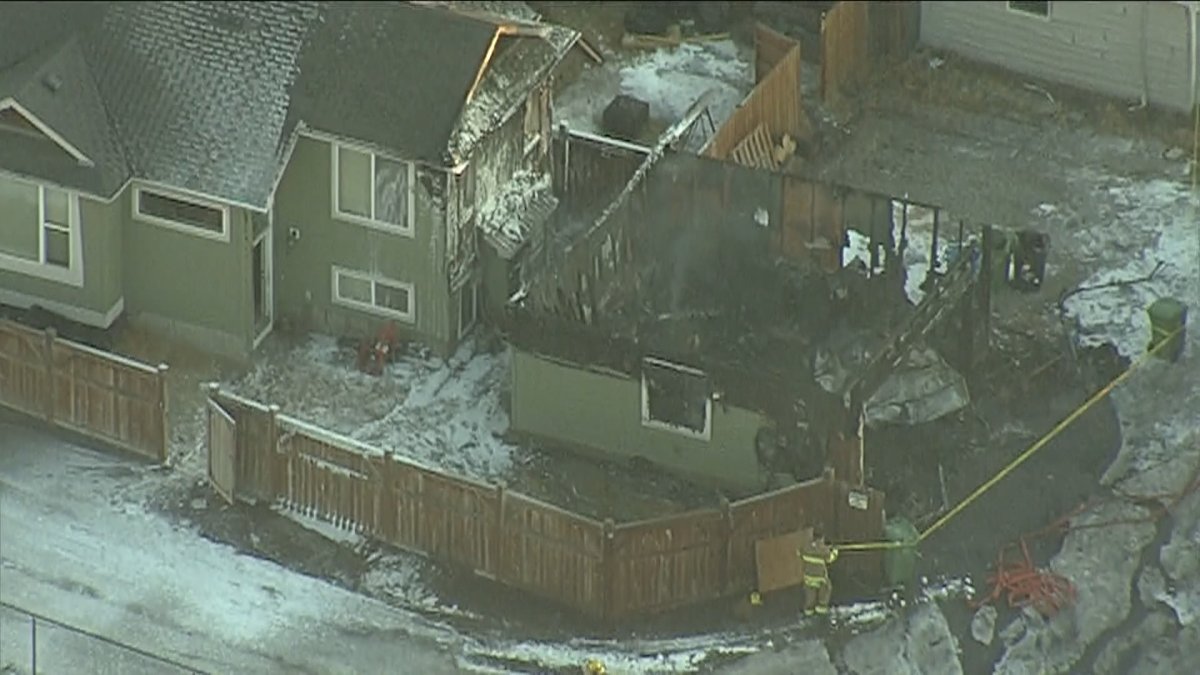 The Calgary Fire Department said a garage fire on Feb. 14, 2022 on Auburn Bay Manor SE has completely destroyed the structure and caused damage to the back of the home the garage originated on.