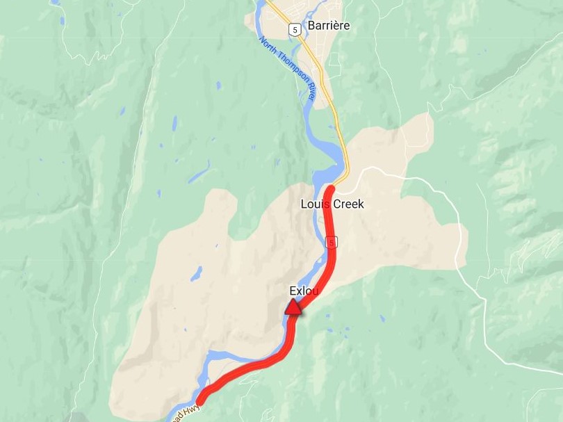 A map showing the location of the fatal crash along Highway 5, south of Barriere, B.C., on Thursday.