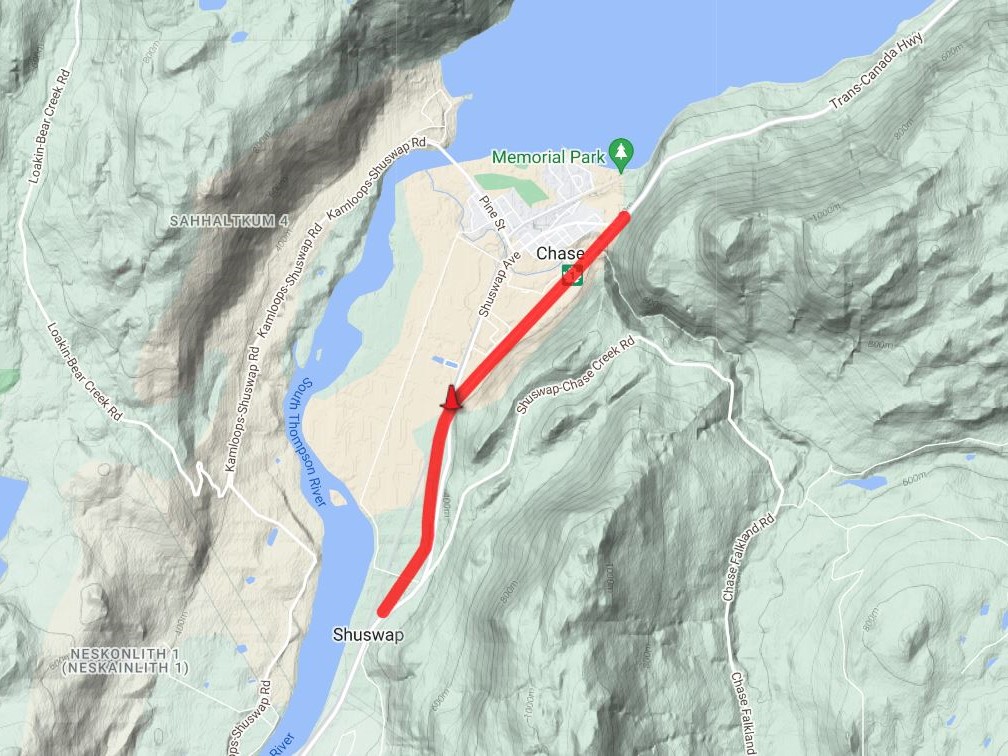 A map showing the Trans-Canada Highway closure in Chase, B.C., on Wednesday, Feb. 8, 2023.