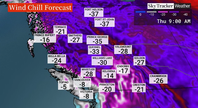 Projected wind chill values across B.C. for Thursday morning, Feb. 23, 2023.