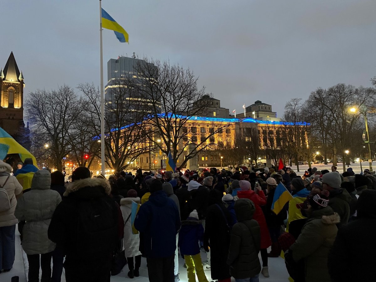 Dozens of Londoners and Ukrainians gathered on Feb. 24, 2023 at London City Hall for a candle-lit vigil marking one year since the invasion of Ukraine by Russia. Many civic and neighbouring buildings were lit with Ukrainian colours to mark the occasion.