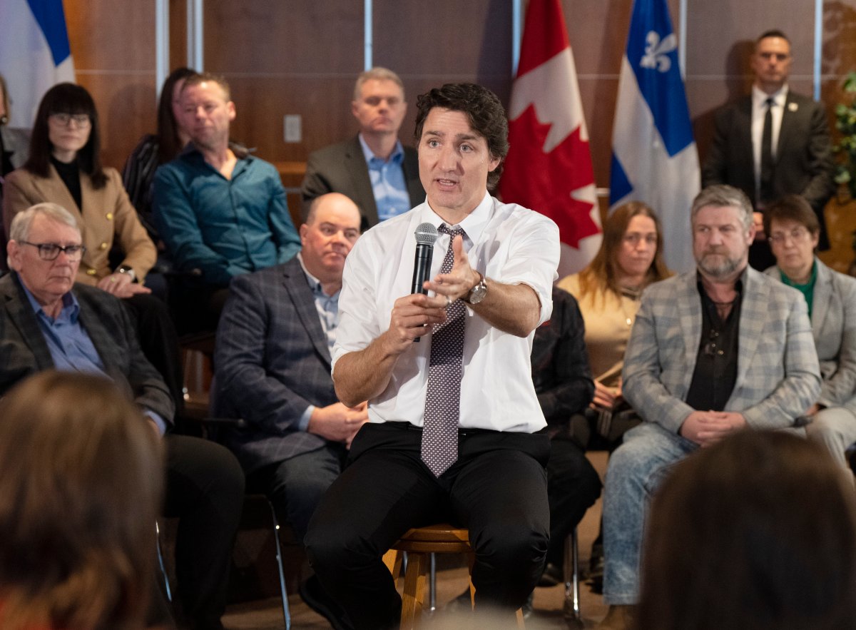 Prime Minister Justin Trudeau takes part in a town hall meeting with Quebec agricultural producers in Longueuil, Que., Wednesday, Feb. 22, 2023. THE CANADIAN PRESS/Ryan Remiorz.