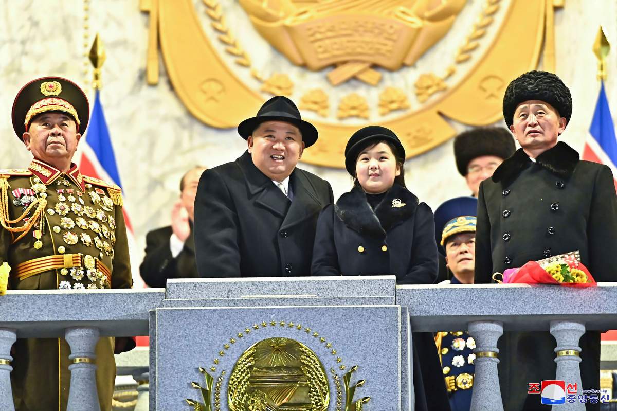 In this photo provided by the North Korean government, North Korean leader Kim Jong Un, center left, with his daughter attends a military parade to mark the 75th founding anniversary of the Korean People’s Army on Kim Il Sung Square in Pyongyang, North Korea Wednesday, Feb. 8, 2023.