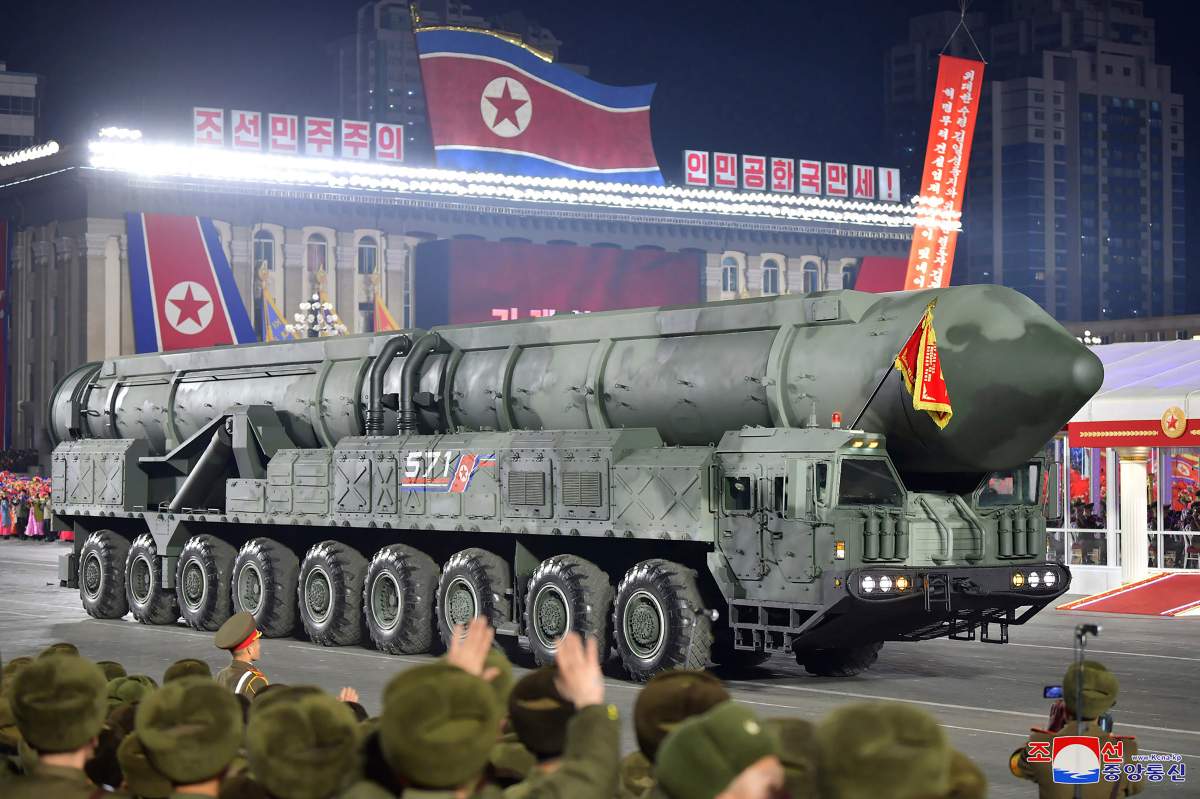This photo provided by the North Korean government, shows what it says an intercontinental ballistic missile during a military parade to mark the 75th founding anniversary of the Korean People’s Army on Kim Il Sung Square in Pyongyang, North Korea Wednesday, Feb. 8, 2023.