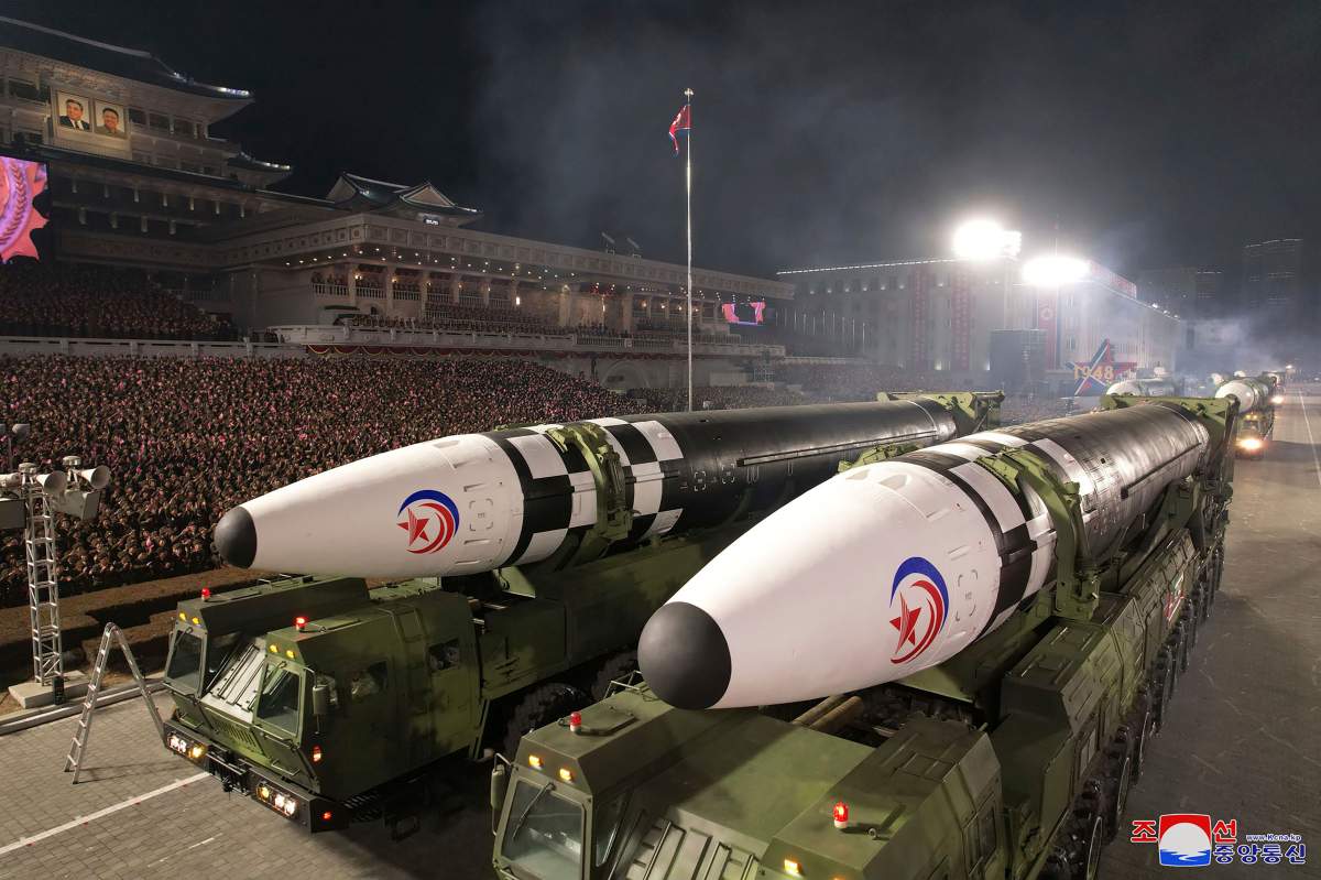 This photo provided by the North Korean government, shows what it says intercontinental ballistic missiles during a military parade to mark the 75th founding anniversary of the Korean People’s Army on Kim Il Sung Square in Pyongyang, North Korea Wednesday, Feb. 8, 2023.