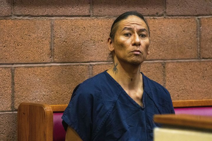 Nathan Chasing Horse sits in court in North Las Vegas, Nev., Wednesday, Feb. 8, 2023. Bail has been set at $300,000 for the former &quot;Dances With Wolves&quot; actor charged in Nevada with sexually abusing and trafficking Indigenous women and girls.