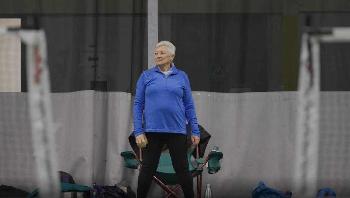 Connie McCann, president of the Victoria Regional Pickleball Association, is facilitating a game of pickleball called "King of the Court"