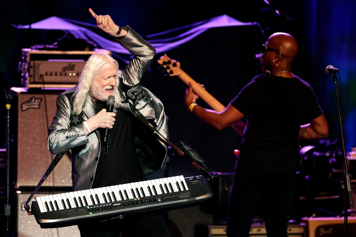 Edgar Winter plays as part of a concert celebrating the 50th anniversary of Woodstock in Bethel, N.Y., on Aug. 16, 2019.