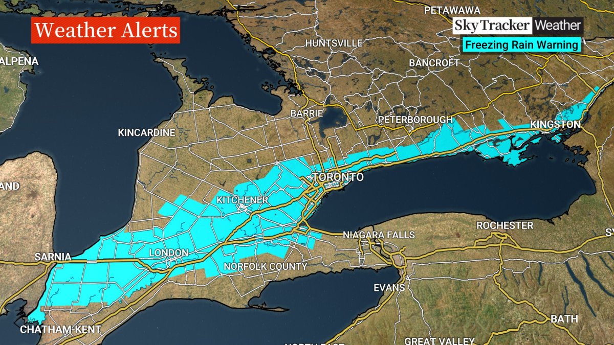 A photo from Global News' SkyTracker revealing freezing rain band extending from Sarnia to Brockville. Several hours of freezing rain and ice pellets starting Thursday evening is expected.