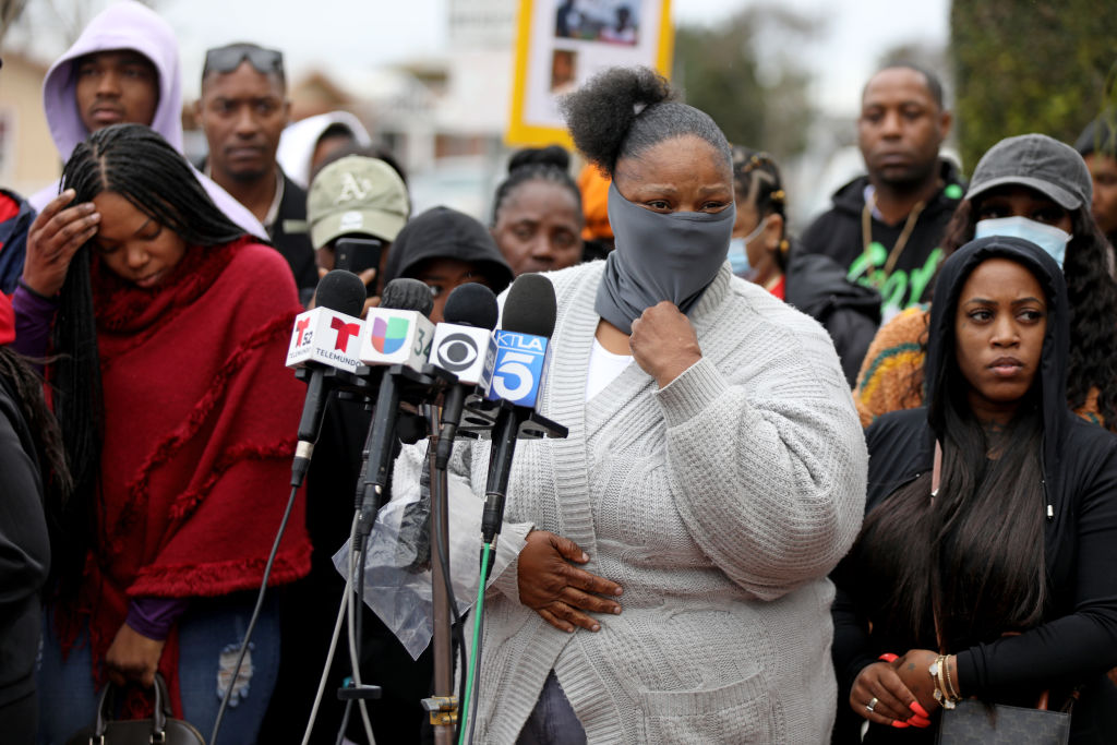 Dorothy Lowe, mother of Anthony Lowe, along with family demands answers about Huntington Park police shooting of double amputee, Anthony Lowe, hold a press conference in front of the Huntington Park Police Department on Monday, Jan. 30, 2023 in Huntington Park, CA.