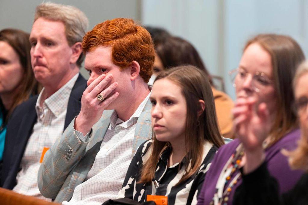 Buster Murdaugh, the only surviving son of Alex Murdaugh, wipes away tears as witnesses are called in Alex Murdaugh's trial for murder at the Colleton County Courthouse on Jan. 26, 2023.