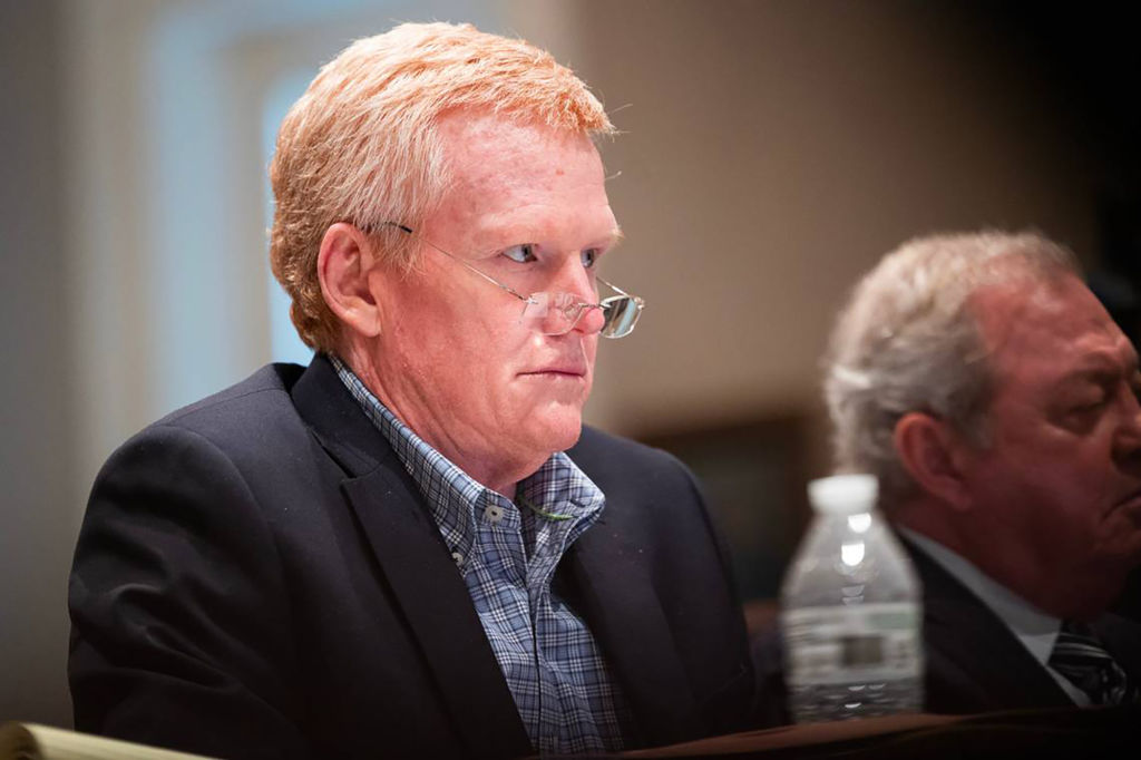 Alex Murdaugh listens to testimony during his double-murder trial at the Colleton County Courthouse in Walterboro, South Carolina, on Feb. 10, 2023.