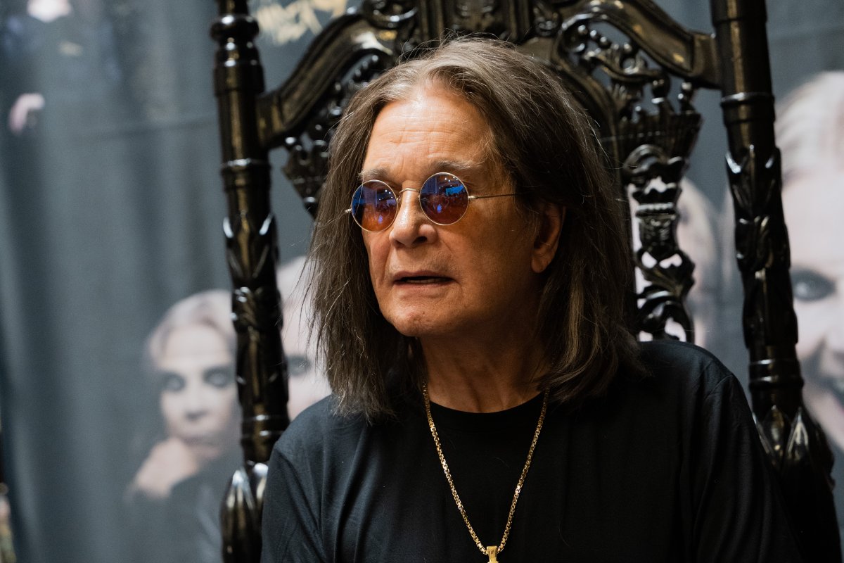 Ozzy Osbourne. He is wearing dark, round sunglasses and a black tee.