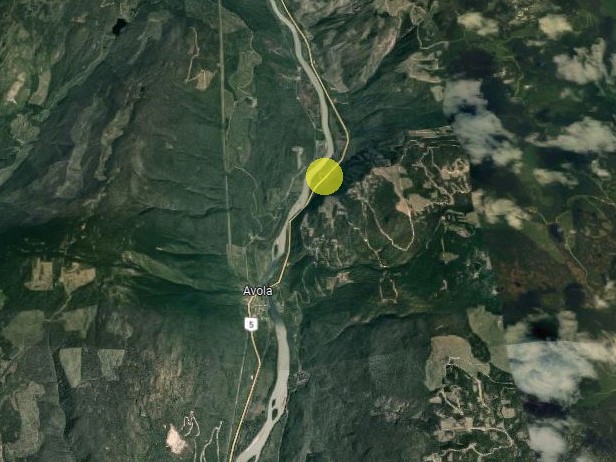 A map showing the approximate location of where the semi overturned, around four kilometres north of Avola, a small community that’s around 200 kilometres north of Kamloops.