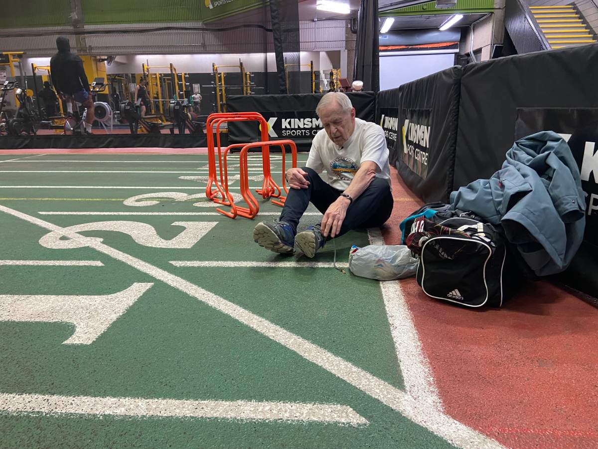 Arnold Nett, 90, is the first Canadian nonagenarian to complete 60 metre hurdles. Photo taken on Edmonton, Alta. on Monday, February 20, 2023.