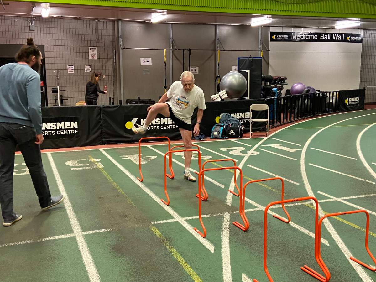 Arnold Nett, 90, is the first Canadian nonagenarian to complete 60 metre hurdles. Photo taken on Edmonton, Alta. on Monday, February 20, 2023.