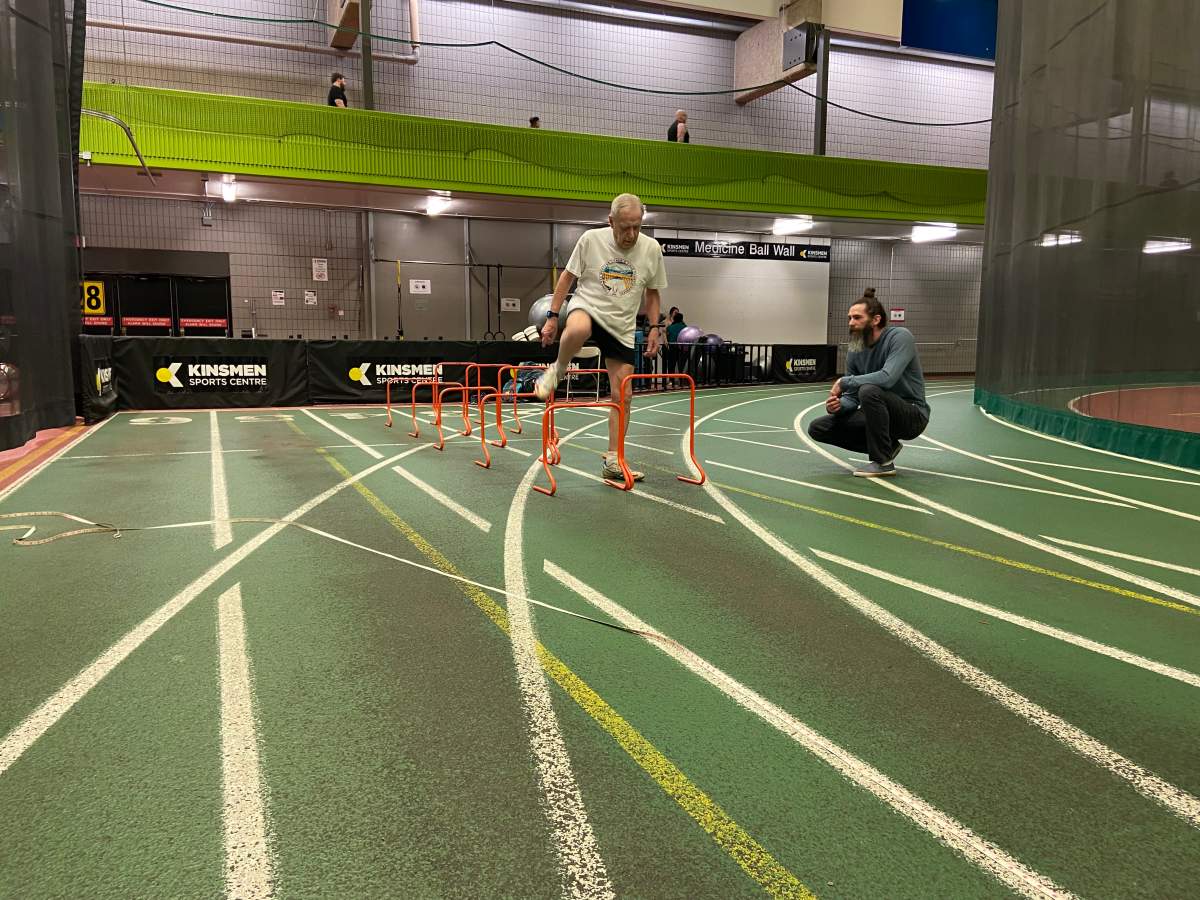 Arnold Nett, 90, is the first Canadian nonagenarian to complete 60 metre hurdles. Photo taken on Edmonton, Alta. on Monday, February 20, 2023.