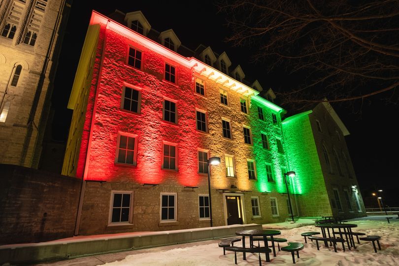 A colourful light display outside Guelph city hall.