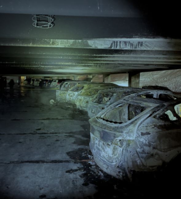 Remains of cars after a fire hit a parking garage at Fairmont Chateau Lake Louise on Feb. 8, 2023.