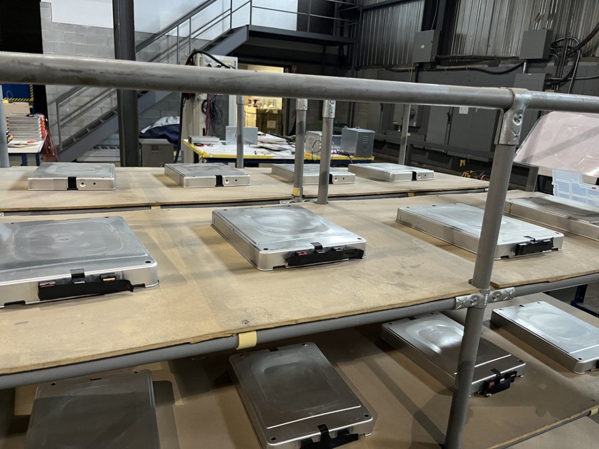 Retired EV batteries waiting to be tested at EVB360's facility in Vaudreuil-Dorion, QC.