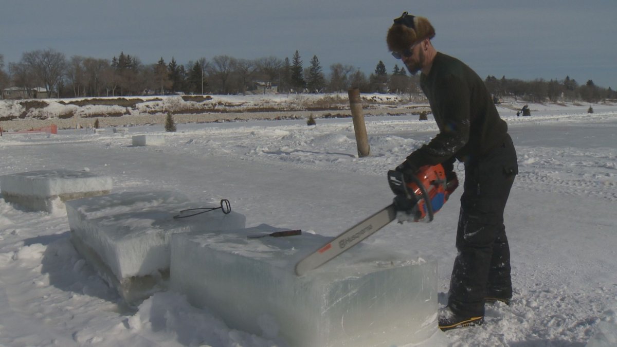 Winnipeg ice carver Corby Pearce says harvesting the ice for projects is a very cool process.