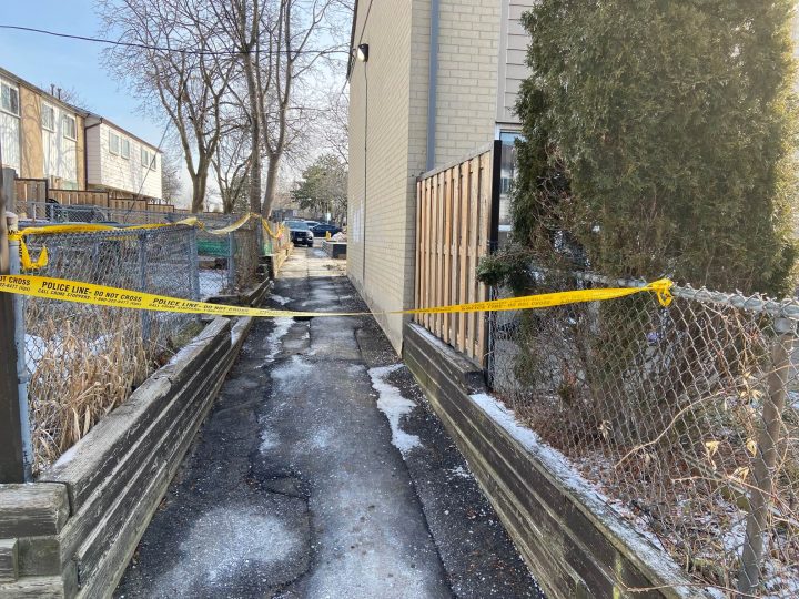 Toronto police tape around the scene of a homicide investigation on Saturday, Feb. 18, 2023.