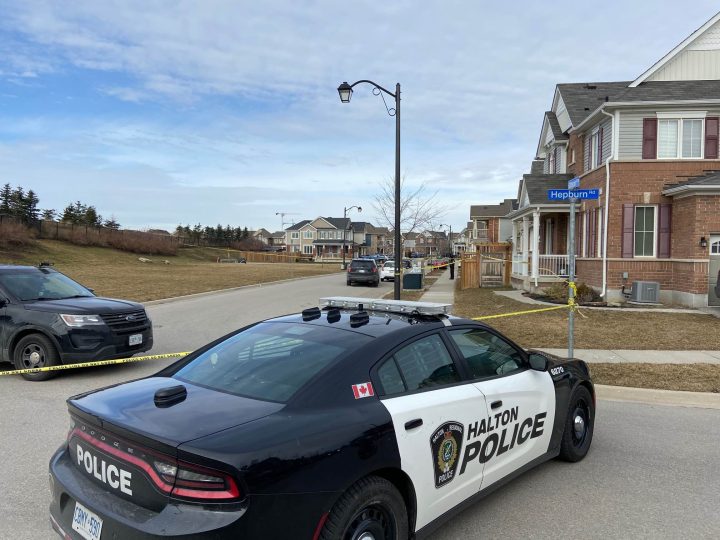 Police on the scene of a shooting at a home in Milton, Ont. in February.