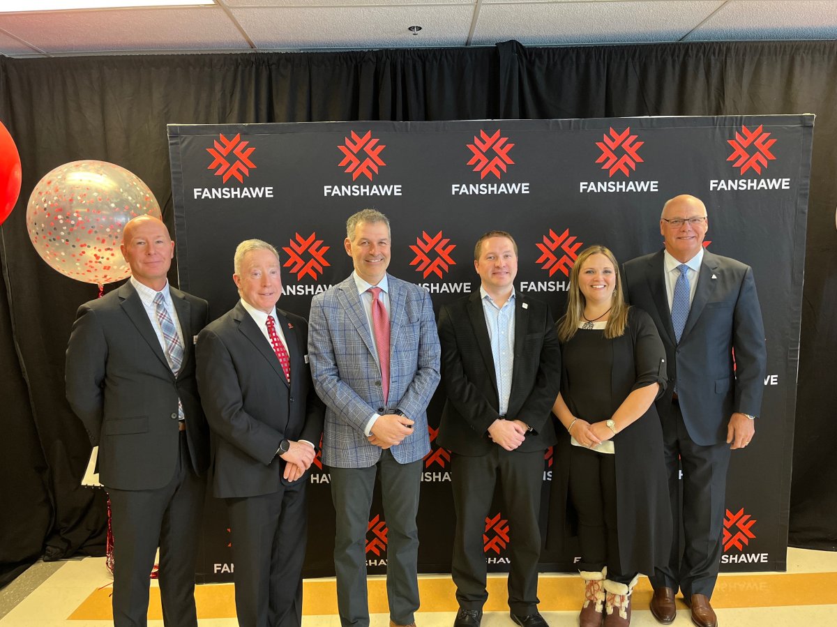 Jamie Crich (third from left) is joined by Fanshawe College administration and local politicians as his family unveils a $2 million donation to the school in honour of his late father, Don Crich.
