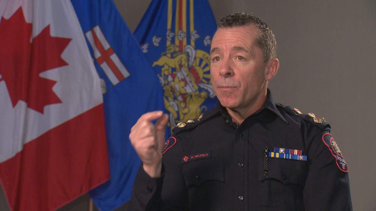 Calgary Police Chief Mark Neufeld, pictured on Feb. 9, 2023, hopes to address the path through the bail system of small number of repeat violent offenders.