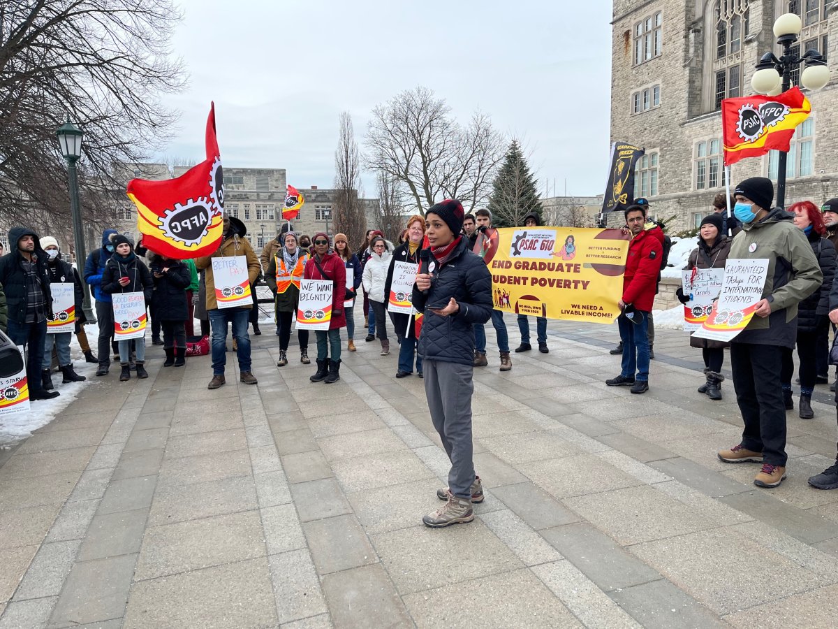 PSAC Local 610 president Karuna Dsouza addresses a rally on Western University's UC Hill on Tuesday morning.