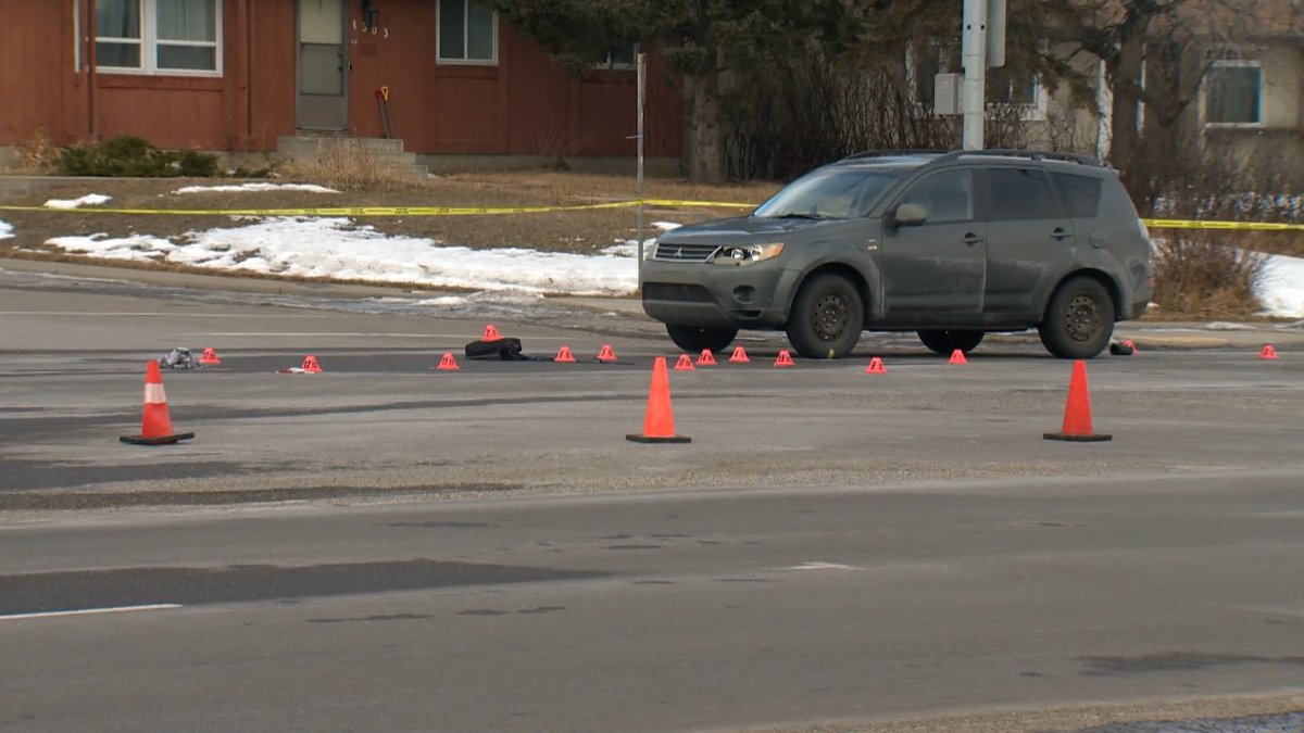 The scene of a fatal pedestrian collision at the intersection of 68 Street N.E. and 12 Avenue N.E. In Calgary, Alta. on Tuesday, February 7, 2023.