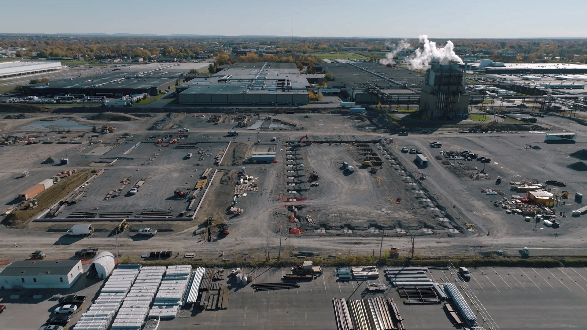 A drone view of construction of Li-Cycle's Rochester, NY facility.