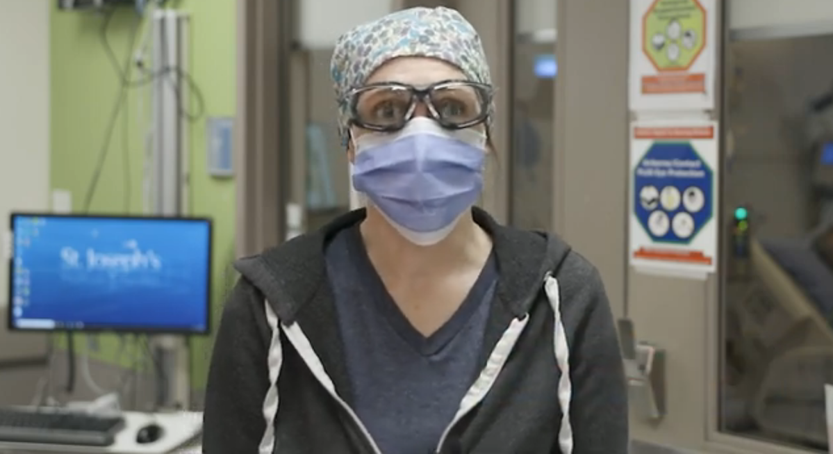 A 2021 photo of registered ICU nurse Rachel Janusz from a behind-the-scenes press release from St. Joe’s Hamilton Healthcare during the COVID-19 pandemic.
