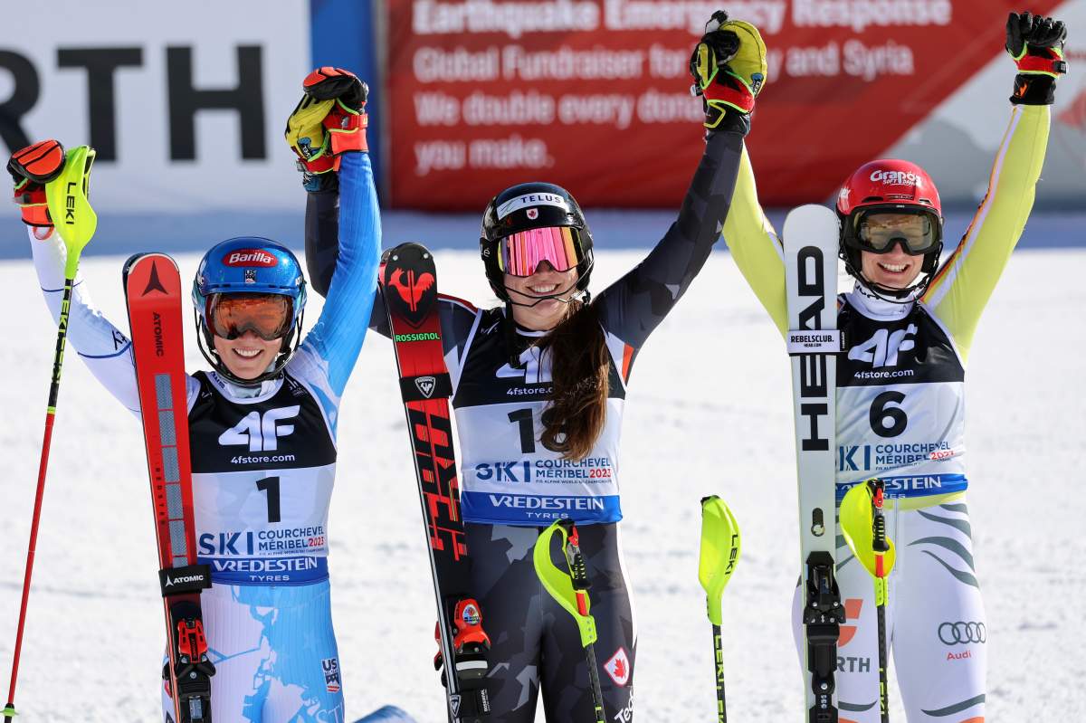 Canada’s Laurence St-Germain, centre, was the winner of the women’s World Championship slalom race on Saturday. Beside her are Mikaela Shiffrin of the U.S., left, who placed second, and Lena Duerr of Germany, right, who was third.