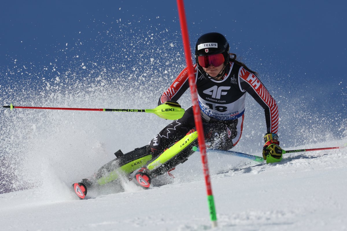 Canada's Laurence St-Germain speeds down the course during the women's World Championship slalom, in Meribel, France, Saturday Feb. 18, 2023. (AP Photo/Alessandro Trovati).