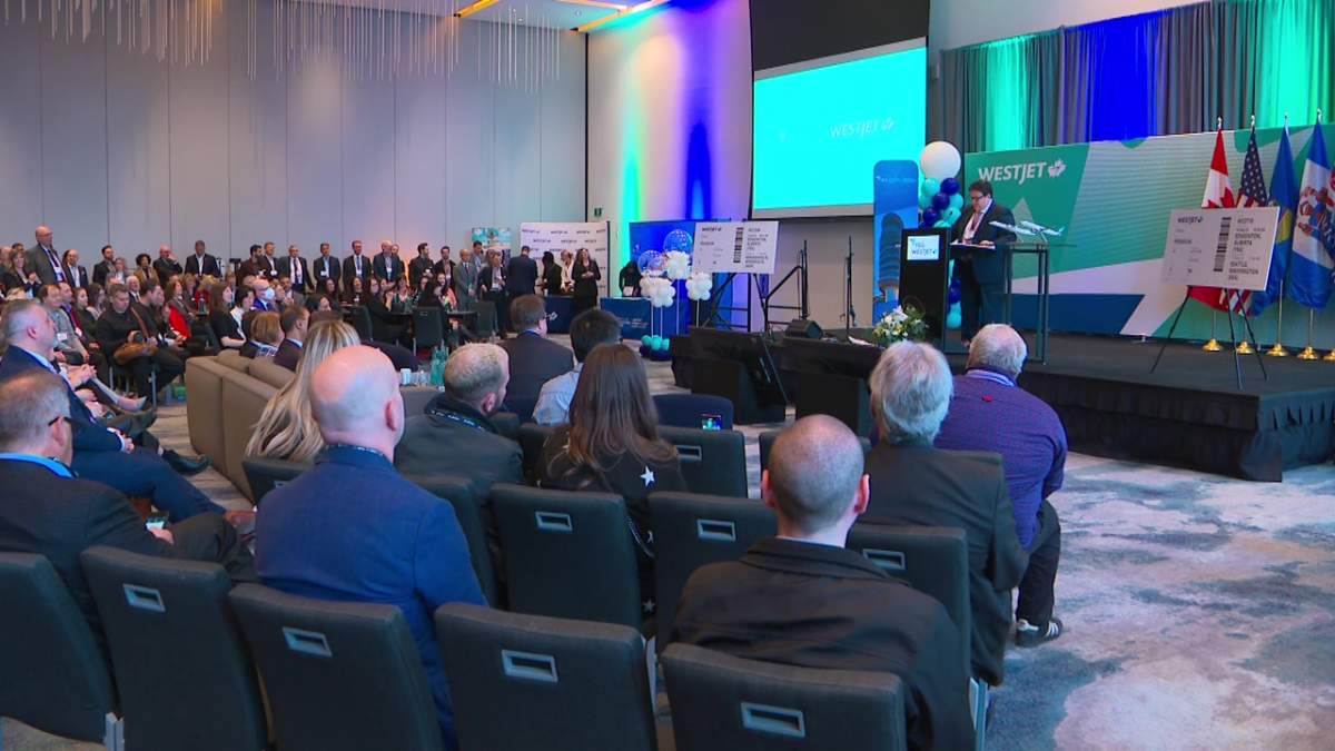 Westjet announcing new flights and a crew hub for the Edmonton International Airport on Monday, February 13, 2023.
