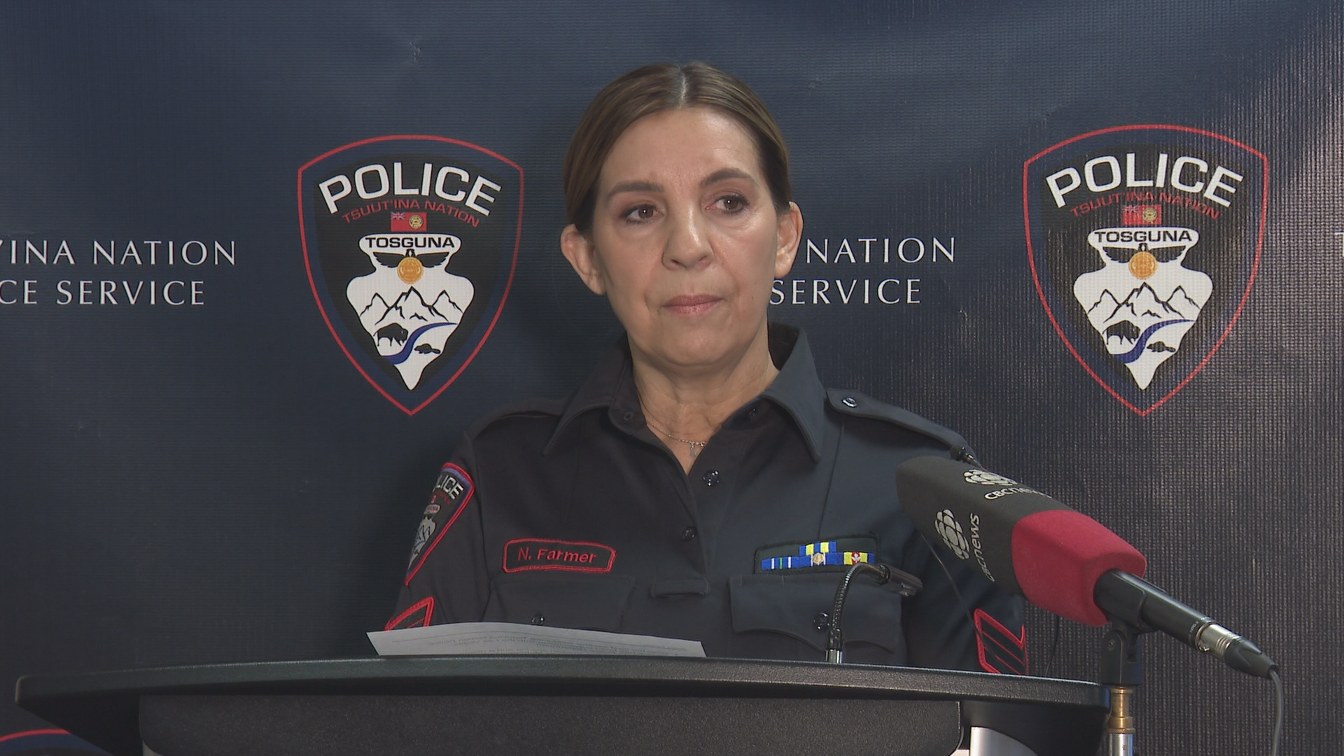 Sgt. Nancy Farmer of the Tsuut’ina Nation Police Service speaks at a news conference on Wednesday, Feb. 1.