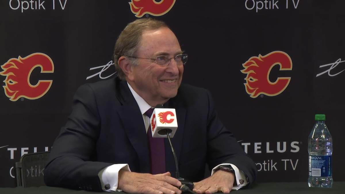 NHL commissioner Gary Bettman addresses reporters in Calgary on Feb. 28, 2023.