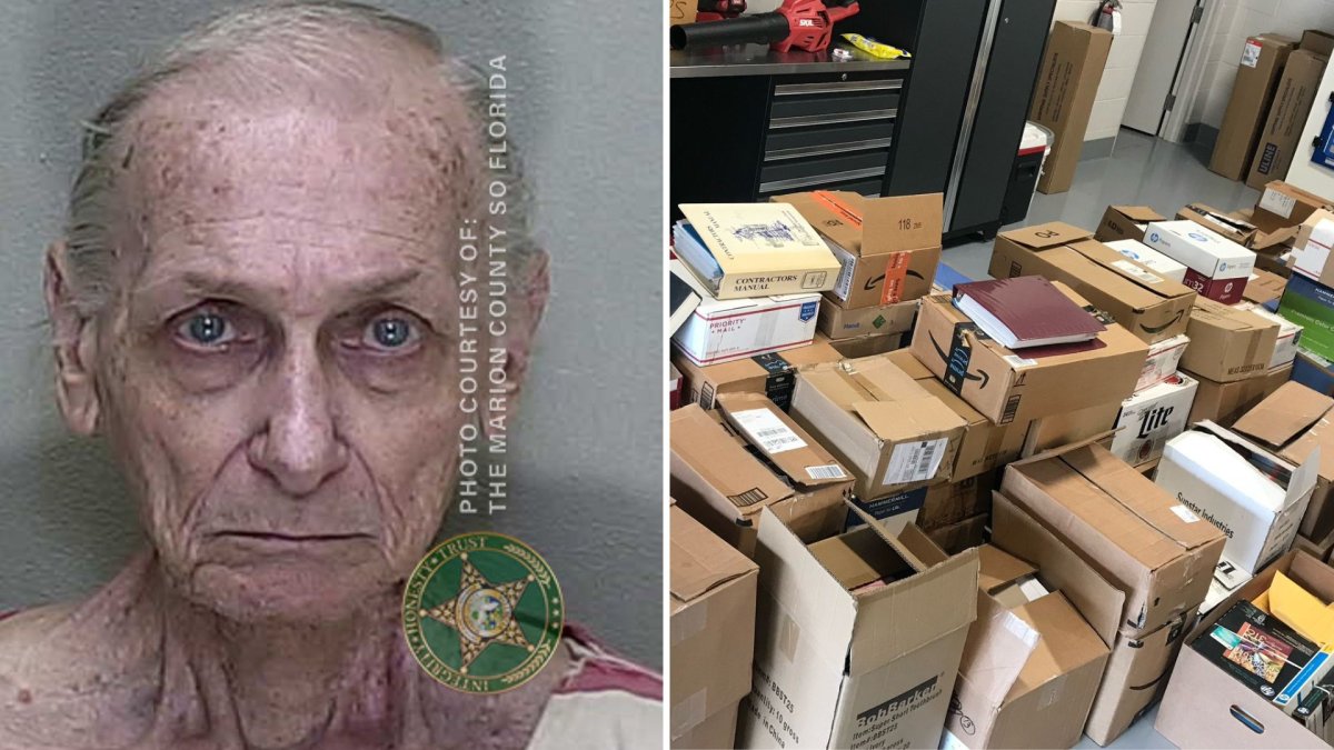 A split photo. On the left is Paul Zittel's mugshot. On the right are several boxes of varying sizes all stacked together.